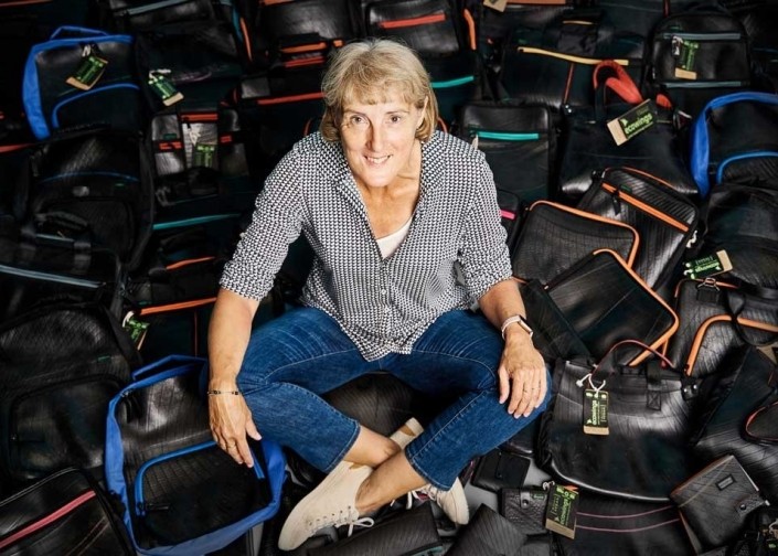 Angela among the bags